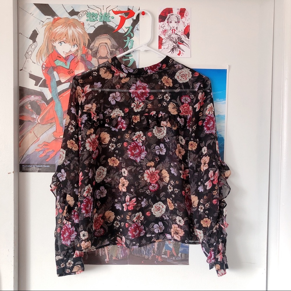 Vintage style long sleeve floral ruffle blouse